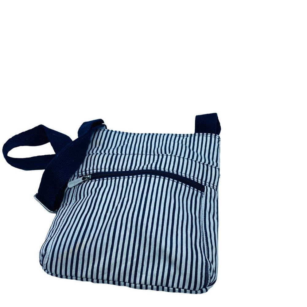Thirty-One Dark Blue White Stripe Adjustable Crossbody Bag Purse 10” x 11”